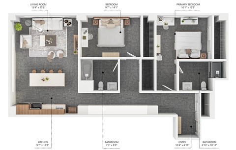 Floor plan for 2 beds, 2 baths, 1129 sqft